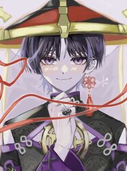  1boy alternate_costume black_hair black_hat black_shirt black_sleeves blunt_ends chinese_clothes chinese_knot cleavage_cutout clenched_hand closed_mouth clothing_cutout detached_sleeves earrings eyelashes eyeshadow genshin_impact gold gold_trim grey_background grey_eyeshadow grey_veil hand_up hat highres jewelry jingasa looking_at_viewer makeup male_focus pale_skin portrait purple_trim red_hat ring runn0524 scaramouche_(genshin_impact) shirt signature smile solo straight-on tassel tassel_earrings tsurime two-tone_hat veil violet_eyes wispy_bangs yin_yang 