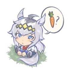  1girl ? ahoge animal_ears blue_eyes blue_sailor_collar blue_skirt blush brooch carrot chibi chibi_only closed_mouth diamond_hairband ear_ornament grass grey_hair grey_tail hair_between_eyes hair_ornament hairband highres horse_ears horse_girl horse_tail horseshoe jacket jewelry long_hair long_sleeves looking_at_viewer multicolored_hair neckerchief oguri_cap_(starlight_beat)_(umamusume) oguri_cap_(umamusume) red_neckerchief sailor_collar shirt sitting skirt solo speech_bubble star_brooch tail tanukimo_imo umamusume umamusume:_cinderella_gray white_jacket white_shirt 