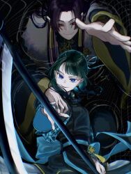  1boy 1girl beads chinese_clothes cl_opium dudou duijin_ruqun green_hair green_hanfu green_robe hair_beads hair_ornament half_updo hanfu highres jinshi_(kusuriya_no_hitorigoto) kusuriya_no_hitorigoto maomao_(kusuriya_no_hitorigoto) multi-tied_hair robe zhijupao 