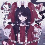  1girl ame-chan_(needy_girl_overdose) animal_ears animal_hood bandaid bandaid_on_face bandaid_on_neck black_choker black_eyes black_hair bow cake cake_slice character_charm charm_(object) cherry choker cigarette club_(shape) copyright_name demon_wings diamond_(shape) fake_animal_ears fake_wings food fruit grey_background gummy_bear hair_bow hair_down hair_over_one_eye hand_up highres holding holding_cigarette hood hood_up hoodie long_hair long_sleeves looking_at_viewer nail_polish needy_girl_overdose notice_lines official_alternate_costume official_alternate_hairstyle open_mouth p-chan_(needy_girl_overdose) rabbit rabbit_ears rabbit_hood red_bow red_hoodie red_wings smoke solo spade_(shape) star_(symbol) strawberry umi_usagi_(tako46065430) upper_body white_bow wings 