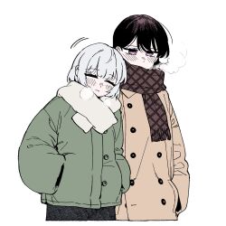  2girls bang_dream! bang_dream!_it&#039;s_mygo!!!!! blush brown_coat brown_hair brown_scarf coat commentary_request green_jacket hands_in_pockets highres jacket kaname_raana korean_commentary long_hair multiple_girls neonfloyd scarf shiina_taki simple_background violet_eyes white_background white_hair white_scarf winter_clothes 