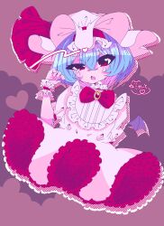  1girl bat_wings bow bowtie crossed_bangs dress frilled_cuffs frilled_dress frilled_hat frills hair_between_eyes hand_up hat hat_ribbon highres mob_cap pink_hat red_bow red_bowtie red_eyes red_ribbon remilia_scarlet ribbon solo touhou uneven_eyes user_pcru2455 white_dress wings wrist_cuffs 