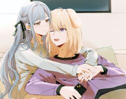  2girls animal_ears bang_dream! bang_dream!_it&#039;s_mygo!!!!! black_ribbon blonde_hair blue_hair blue_shirt couple dog_ears dog_girl fang hair_ribbon hug kemonomimi_mode long_hair long_sleeves medium_hair misumi_uika multiple_girls one_eye_closed open_mouth purple_shirt rhapsode ribbon shirt sidelocks teeth togawa_sakiko upper_teeth_only violet_eyes yellow_eyes yuri 