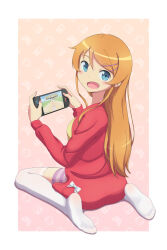  1girl absurdres blue_eyes border commentary english_commentary fang full_body hair_ornament hairclip handheld_game_console highres holding holding_handheld_game_console jacket kirby_(series) kirby_air_ride kirby_air_riders kousaka_kirino long_hair long_sleeves looking_at_viewer looking_back nintendo_switch_2 open_mouth orange_hair ore_no_imouto_ga_konna_ni_kawaii_wake_ga_nai outside_border parallel_hairclips purple_shorts red_jacket scarletsky shorts sitting smile solo thigh-highs wariza white_border white_thighhighs 