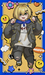  1boy absurdres belt black_belt black_jacket black_leggings black_shorts blonde_hair blue_hood blush boots caution clothes_writing drawstring full_body green_eyes hair_intakes hair_ornament hair_over_one_eye hairclip hands_up highres hood hood_down hoodie jacket jumping lapels leggings looking_at_viewer male_focus nijisanji no_headwear notched_lapels open_belt open_clothes open_jacket open_mouth pink_manzyu2 pocket print_hoodie short_hair shorts sleeves_past_wrists solo torn_clothes torn_leggings unzipped uzuki_kou uzuki_kou_(5th_costume) virtual_youtuber white_boots white_hoodie wolf_cut yellow_background yellow_trim 