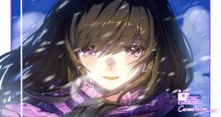  1girl akemi_homura black_hair blue_sky blush border clouds commission crying crying_with_eyes_open day dot_nose happy happy_tears highres kokaiff long_hair mahou_shoujo_madoka_magica mahou_shoujo_madoka_magica_(anime) open_mouth outdoors outside_border pillarboxed plaid_clothes plaid_scarf portrait purple_scarf sample_watermark scarf sidelocks sky smile snow snowing solo streaming_tears tears upper_body violet_eyes watermark white_border wind 