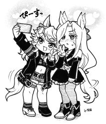  2girls animal_ears blush commentary_request ear_ornament ellerslie_pride_(umamusume) gold_city_(authentic/1928)_(umamusume) gold_city_(umamusume) greyscale hair_between_eyes highres holding holding_phone horse_ears horse_girl horse_tail jacket long_hair long_sleeves looking_at_phone monochrome multiple_girls phone selfie shira_(kunseitamago) sweatdrop tail taking_picture umamusume umamusume:_cinderella_gray v 