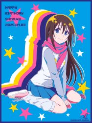  1girl between_legs blue_background blue_eyes blue_skirt brown_hair character_name closed_mouth commentary_request dated drop_shadow hair_between_eyes hand_between_legs happy_birthday highres long_hair long_sleeves looking_at_viewer love_live! love_live!_nijigasaki_high_school_idol_club osaka_shizuku pleated_skirt print_shirt red_scarf ric._(marchen_mozuku) scarf shirt shoes sidelocks signature sitting skirt smile solo split_mouth star_(symbol) twitter_username v_arms wariza 