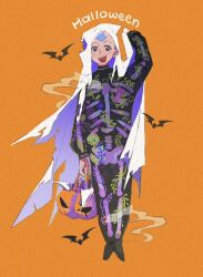  1boy aang avatar:_the_last_airbender avatar_legends bald brown_eyes commentary cosplay english_text full_body gymnopedies2 halloween halloween_bucket halloween_costume hand_up holding kigurumi long_sleeves male_focus onesie open_mouth orange_background sheet_ghost simple_bat skeleton_costume skeleton_print smile smoke solo symbol-only_commentary 