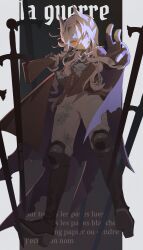  1girl absurdres black_background black_boots black_cape black_jacket boots cape french_text full_body grey_eyes grey_hair grey_pants gun hair_ornament heterochromia highres holding holding_gun holding_weapon jacket knee_boots knee_pads legs_apart long_hair looking_at_viewer outside_border outstretched_arm outstretched_hand over_shoulder pants parted_lips petrification pillarboxed red_eyes reverse:1999 rifle sentinel_(reverse:1999) solo standing sword takiminada weapon weapon_over_shoulder 