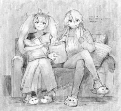  2girls animal_slippers casual cat_slippers commentary_request couch crossed_legs dated eating english_text food gambier_bay_(kancolle) greyscale hairband holding holding_pillow hood hoodie iowa_(kancolle) kantai_collection monochrome multiple_girls natsumi_coma pants pillow popcorn sitting slippers smile translation_request twintails wavy_mouth 
