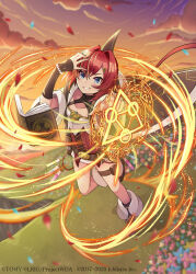  1girl ange_katrina blue_eyes book brown_shoes closed_mouth copyright_notice corset floating floating_book floating_object hair_ornament hairpin highres kei_s01 looking_at_viewer magic_circle nijisanji official_art red_corset red_hair shirt shoes solo thigh_strap twilight virtual_youtuber white_shirt wixoss 