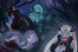  alipheese_fateburn_xvi anna_no_kojo bare_tree black_gloves black_hair black_shirt blue_skin book branch breast_tattoo breasts broom broom_riding chrome_(mon-musu_quest!) colored_skin crescent_moon crop_top crying demon_girl elbow_gloves english_commentary eye_tattoo fang fangs flower flying fog ghost_girl gloves grave graveyard hair_flower hair_ornament hair_tattoo hand_on_own_face hat highres holding holding_book horns jewelry lamia long_hair magic miasma mon-musu_quest! mon-musu_quest:_paradox monster_girl moon multiple_girls navel night nurse_cap o_o open_mouth pink_horns pink_thighhighs pointy_ears puffy_short_sleeves puffy_sleeves purple_skin purple_thighhighs rit_(mon-musu_quest!) scared screaming see-through_body see-through_clothes shirt short_sleeves smile spi_(mon-musu_quest!) striped_clothes striped_thighhighs tattoo thigh-highs tombstone tree twintails twitter_username white_hair witch witch_hat yellow_eyes 