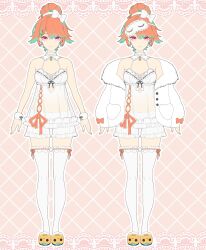  1girl absurdres babydoll bow bow_earrings clothing_cutout detached_collar earrings empire_waist english_commentary frilled_shorts frilled_thighhighs frills full_body fur_jacket green_hair hair_bun hair_flaps heart_cutout highres hololive hololive_english jacket jewelry mask mask_on_head mixed-language_commentary multicolored_hair off_shoulder official_alternate_costume official_alternate_hairstyle official_art orange_hair raora_panthera_(artist) see-through_clothes short_hair shorts signature single_hair_bun sleep_mask slippers spaghetti_strap swept_bangs takanashi_kiara takanashi_kiara_(cozy) thigh-highs two-tone_hair variations violet_eyes virtual_youtuber white_babydoll white_jacket white_shorts white_thighhighs 