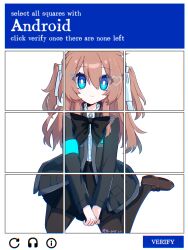  1girl absurdres ahoge black_bow black_bowtie black_jacket black_pantyhose black_skirt blue_eyes blue_ribbon bow bowtie brown_hair brown_shoes captcha closed_mouth commentary_request detroit:_become_human dress_shirt full_body hair_between_eyes hair_ornament hair_ribbon heart heart_hair_ornament highres jacket long_hair long_sleeves looking_at_viewer neuro-sama open_clothes open_jacket pantyhose ribbon shirt shoes signature sitting skirt smile solo timestamp two_side_up user_hmyv8473 vedal_ai virtual_youtuber wariza white_shirt 
