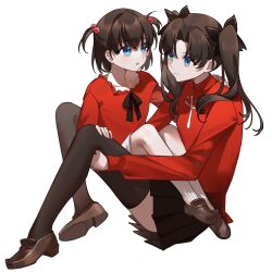  2girls :o age_difference aged_down amiably_02 black_ribbon black_skirt black_thighhighs blue_eyes brown_shoes child fate/stay_night fate/zero fate_(series) hair_ribbon highres long_hair long_sleeves looking_at_another matou_sakura multiple_girls pleated_skirt red_sweater ribbon shoes short_hair siblings simple_background sisters sitting sitting_on_lap sitting_on_person skirt smile sweater thigh-highs tohsaka_rin tohsaka_sakura turtleneck turtleneck_sweater two_side_up white_background white_skirt 