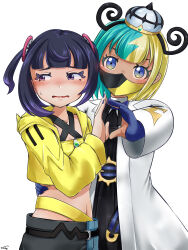  2girls alternate_hairstyle aqua_hair bandeau belt black_dress black_hair black_mask blonde_hair blue_eyes blue_gloves blunt_bangs blush bob_cut canari_(pokemon) coat cosplay costume_switch criss-cross_straps dark-skinned_female dark_skin dress gloves gradient_hair gwynn_(pokemon) hairstyle_switch highres jacket long_sleeves mask mouth_mask multicolored_hair multiple_girls o-ring o-ring_belt open_clothes open_coat pants partially_fingerless_gloves pokemon pokemon_legends:_z-a purple_hair raised_eyebrows short_hair short_twintails split-color_hair twintails two-tone_mask two-tone_pants violet_eyes w.wing_(wheelwing708) wavy_mouth white_coat yellow_bandeau yellow_jacket yellow_mask 