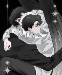  2boys arm_around_neck black_eyes black_hair black_wings collared_shirt feathered_wings hand_on_another&#039;s_back highres hinizana hug kim_dokja leg_up looking_at_another looking_back male_focus multiple_boys omniscient_reader&#039;s_viewpoint shirt short_hair white_shirt wings yoo_joonghyuk 