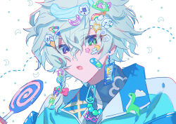  1boy :o absurdres bandaid bandaid_on_face blue_jacket candy commentary_request crescent crescent_hair_ornament decora dinosaur earrings food green_eyes grey_hair hair_ornament hanafuda_earrings heterochromia highres holding holding_candy holding_food holding_lollipop jacket jewelry lollipop male_focus matochi_(fa) multicolored_hair multicolored_jacket murakumo_kagetsu nijisanji open_mouth rainbow_hair short_hair simple_background solo star_(symbol) star_hair_ornament sticker sticker_on_face too_many_hair_ornaments triangle_hair_ornament two-tone_jacket violet_eyes virtual_youtuber watakumo_(murakumo_kagetsu) white_background white_jacket 