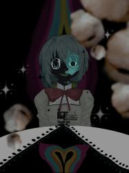  1girl absurdres anthony_(madoka_magica) black_background black_skin blue_eyes blue_hair bow bowtie collared_shirt colored_skin commission familiar_(madoka_magica) hair_between_eyes hair_ornament hairclip high_collar highres juliet_sleeves kokaiff long_sleeves mahou_shoujo_madoka_magica mahou_shoujo_madoka_magica_(anime) miki_sayaka mitakihara_school_uniform open_mouth puffy_sleeves red_bow red_bowtie revealing_layer sample_watermark school_uniform shirt short_hair smile solo sparkle surreal table tablecloth teeth thank_you upper_body watermark wide-eyed yellow_shirt 