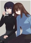  2girls aozaki_aoko black_hair black_pantyhose black_sweater blue_sweater border brown_hair brown_pants closed_eyes closed_mouth commentary_request cup grey_background grey_skirt hair_between_eyes hair_intakes highres holding holding_cup invisible_chair jewelry kuonji_alice leaning_on_person long_hair long_sleeves looking_at_viewer mahou_tsukai_no_yoru multiple_girls necklace outside_border pants pantyhose ribbed_sweater shintyoi2 short_hair simple_background sitting skirt sleeping sleeping_on_person smile sweater teacup turtleneck turtleneck_sweater violet_eyes white_border 