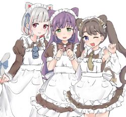  3girls :d ;3 ;d alternate_costume apron ascot bare_shoulders blue_ascot bow bowtie brown_dress brown_hair brown_necktie cat_brooch closed_mouth colored_inner_hair commentary cowboy_shot detached_sleeves dress frilled_apron frilled_sleeves frills fujishima_megumi green_eyes hashtag-only_commentary hasu_no_daisankaku highres juliet_sleeves link!_like!_love_live! long_dress long_hair long_sleeves looking_at_viewer love_live! maid maid_apron maid_headdress medium_dress moso_(expect66) multicolored_hair multiple_girls necktie nyan_nyan_nyan_fair_in_gamers one_eye_closed open_mouth otomune_kozue pink_bow pink_bowtie pink_eyes puffy_short_sleeves puffy_sleeves purple_hair red_hair red_streaks short_dress short_hair short_sleeves simple_background skirt_hold sleeveless sleeveless_dress smile streaked_hair twintails violet_eyes virtual_youtuber white_apron white_background white_hair white_sleeves yugiri_tsuzuri 