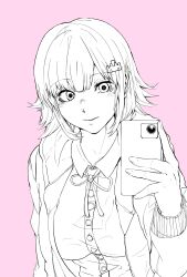  1girl boku_saki breasts collared_shirt danganronpa_(series) danganronpa_2:_goodbye_despair dress_shirt flipped_hair greyscale hair_ornament highres holding holding_phone jacket large_breasts long_sleeves medium_hair monochrome nanami_chiaki neck_ribbon open_clothes open_jacket phone ribbon shirt simple_background smile solo upper_body 