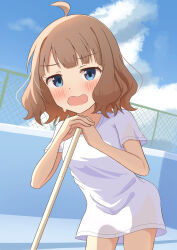  1girl antenna_hair blue_eyes blush clouds empty_pool exhausted fence highres idolmaster idolmaster_million_live! idolmaster_million_live!_theater_days kumotsuki35 leaning_on_object looking_at_viewer medium_hair no_pants open_mouth outdoors pool shirt sky solo suou_momoko sweat white_shirt 