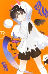  1boy :o biyoo_(omniscient_reader&#039;s_viewpoint) black_eyes black_hair black_shorts black_wings borrowed_clothes bucket candy cloak demon_horns feet_out_of_frame food ghost_costume halloween_bucket holding holding_bucket holding_scythe hood hood_up horns kim_dokja looking_at_viewer looking_back male_focus mini_wings oldest_dream omniscient_reader&#039;s_viewpoint painterly screentones scythe short_hair shorts sparkling_eyes spread_legs tooruruuu torn_cloak torn_clothes white_cloak wings 