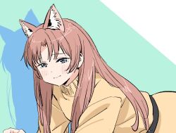  1girl animal_ears aqua_background belt blue_eyes blush brown_hair cat_ears closed_mouth dress hair_down kamiina_botan_yoeru_sugata_wa_yuri_no_hana kemonomimi_mode long_hair nazo_no_anime-dan shadow solo yellow_dress yusa_akane 