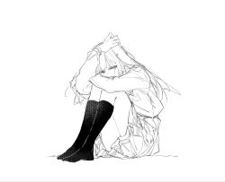  1girl bang_dream! bang_dream!_it&#039;s_mygo!!!!! chinese_commentary commentary_request dkl_(dinosaurkl2) greyscale highres hugging_own_legs kneehighs long_hair long_sleeves monochrome no_shoes pleated_skirt school_uniform sidelocks simple_background sitting skirt socks solo tsukinomori_school_uniform wakaba_mutsumi white_background 