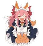  absurdres animal_ear_fluff animal_ears animal_hands antenna_hair apron bell black_dress bow cat_paws closed_eyes dress facing_viewer fangs fate/grand_order fate_(series) fox_ears fox_girl fox_tail frilled_apron frilled_skirt frills gloves hair_between_eyes hair_bow highres jingle_bell kaigan0211 light_blush long_hair maid maid_headdress neck_bell open_mouth paw_gloves petticoat pink_hair ponytail puffy_short_sleeves puffy_sleeves red_bow short_sleeves simple_background skirt smile tail tamamo_(fate) tamamo_cat_(fate) tamamo_cat_(second_ascension)_(fate) white_apron white_background 