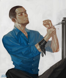  1boy arm_belt beard black_pants blue_shirt cigarette collared_shirt ctkcave cuffed cuffs dark-skinned_male dark_skin facial_hair handcuffs holding holding_cigarette jewelry looking_at_object male_focus mature_male necklace original pants scar scar_on_face scar_on_forehead scar_on_nose shaved_head shirt simple_background sitting solo white_background 