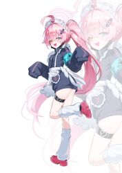  1girl ahoge alternate_costume apron aqua74286 armband bandaid bandaid_hair_ornament belt blue_archive blue_armband blue_eyes blush commentary crocs enmaided fang from_side full_body hair_between_eyes hair_ornament halo heterochromia highres hoshino_(blue_archive) jersey_maid leg_up long_hair long_sleeves looking_at_viewer looking_back loose_socks maid maid_apron maid_headdress no_pants open_mouth pink_hair pink_halo ponytail ribbon skin_fang sleeves_past_fingers sleeves_past_wrists smile socks solo symbol-only_commentary thigh_belt thigh_strap unconventional_maid v-shaped_eyebrows very_long_hair w_arms white_apron white_ribbon yellow_eyes zoom_layer 