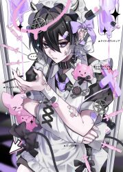  ... 1boy apron bandaged_arm bandages black_choker black_dress black_hair choker commentary cowboy_shot crossdressing crossdressing_(mtf) cursor double-parted_bangs dress hair_between_eyes halo hand_up highres kaminoq looking_at_viewer maid_headdress male_focus melting_halo necktie original parted_lips pill pink_halo purple_necktie short_hair short_sleeves solo spiked_choker spikes spoken_ellipsis violet_eyes watermark white_apron 