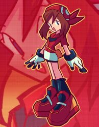  1girl bandana bike_shorts bike_shorts_under_shorts black_socks blue_eyes brown_hair butterhat character_background english_commentary fanny_pack gloves gradient_background halftone halftone_background highres may_(pokemon) medium_hair open_mouth parody pokemon pokemon_rse red_background red_bandana red_shirt red_shoes shirt shoes shorts shorts_under_shorts simple_background skirt smile socks solo standing style_parody white_gloves white_shirt white_skirt 