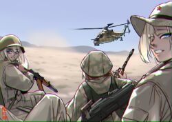  1other 3girls afghanistan aircraft ak-74 aks-74ub army artist_name assault_rifle attack_helicopter blonde_hair blue_eyes blue_sky camouflage clear_sky desert desert_camouflage dust gun hair_over_one_eye hat helicopter helmet highres kalashnikov_rifle long_hair looking_at_viewer looking_back machine_gun mardjan mi-24 military military_hat military_uniform military_vehicle multiple_girls original pbs-4 pk_machine_gun red_star rifle sky smile soviet soviet_army ssh-68_combat_helmet star_(symbol) tactical_clothes teeth weapon 