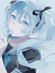  1girl absurdres ameyui_komori bare_arms black_ribbon black_shirt blue_background blue_eyes blue_hair blue_neckerchief blue_theme candy closed_mouth colored_eyelashes commentary_request double-parted_bangs expressionless food from_above grey_sailor_collar hair_between_eyes hair_ribbon hand_up hatsune_miku heart heart-shaped_food heart-shaped_lollipop highres holding holding_candy holding_food holding_lollipop light_particles lollipop long_hair looking_at_viewer neckerchief pale_skin puffy_short_sleeves puffy_sleeves ribbon sailor_collar school_uniform shaped_lollipop shirt short_sleeves simple_background solo twintails upper_body very_long_hair vocaloid 