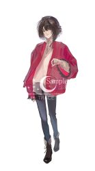  1boy absurdres ankle_boots arm_at_side beret black_boots black_hair black_hat blue_pants blunt_ends bob_cut boots braid center-flap_bangs chinese_commentary collared_shirt fold-over_boots full_body genderswap genderswap_(ftm) hair_ribbon hat heroine_(lovebrush_chronicles) highres holding holding_pocket_watch jacket lace-up_boots long_sleeves looking_at_viewer lovebrush_chronicles male_focus open_clothes open_collar open_jacket pants parted_lips pocket_watch red_jacket red_ribbon ribbon sample_watermark shirt side_braid simple_background solo standing sweater_vest untucked_shirt violet_eyes watch watermark white_background white_shirt white_sweater_vest zongsi600 