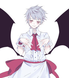  1girl alternate_hair_length alternate_hairstyle ascot back_bow bat_wings black_wings bow center_frills collared_dress commentary_request dress frills grey_hair grin half-closed_eyes hands_up highres jitome kanaria_(bcomn) light_blush looking_at_viewer low_wings partial_commentary pixie_cut pointy_ears red_ascot red_bow red_eyes remilia_scarlet short_hair short_sleeves simple_background smile solo straight-on touhou upper_body upturned_eyes very_short_hair white_background white_dress wing_collar wings wrist_cuffs 