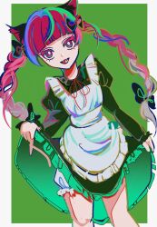  1girl adya_adya_a animal_ears apron blunt_bangs braid bright_pupils cat_ears cat_girl clothes_lift commentary dress dress_lift fangs green_background highres kaenbyou_rin lifting_own_clothes long_hair long_sleeves looking_at_viewer maid open_mouth red_eyes red_hair side_braids simple_background skin_fangs smile solo symbol-only_commentary touhou twin_braids white_apron white_pupils 