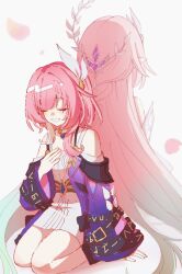  2girls bare_shoulders breasts coat commentary cyrene_(aedes_elysiae)_(honkai:_star_rail) cyrene_(honkai:_star_rail) cyrene_(ripples_of_past_reverie)_(honkai:_star_rail) dress dual_persona english_commentary falling_petals hair_ornament hand_on_own_chest highres honkai:_star_rail honkai_(series) jewelry long_hair mi_(27782900) multicolored_hair multiple_girls necklace petals pink_hair pointy_ears purple_coat seiza short_hair sitting small_breasts smile two-tone_hair very_long_hair white_dress white_hair 