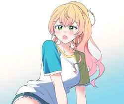  1girl alternate_costume alternate_hairstyle aqua_shorts arm_support blonde_hair blue_background blue_shirt blush crossed_bangs fang frilled_shirt frilled_shorts frills gradient_background gradient_hair green_eyes green_shirt high_ponytail hololive long_hair looking_up micro_shorts momosuzu_nene multicolored_hair multicolored_shirt open_mouth pink_hair ponytail raglan_sleeves shirt shorts sidelocks sitting skin_fang solo uuoftn virtual_youtuber white_background white_shirt 