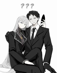  1boy 1girl angelica_(project_moon) black_eyes black_hair black_necktie blue_eyes chain chain_necklace collared_shirt highres holding holding_mask husband_and_wife jewelry lapels library_of_ruina long_hair mask necklace necktie notched_lapels open_mouth parted_bangs project_moon rai_(r2718281) ribbed_sweater ring ring_necklace roland_(project_moon) shirt silver_trim sitting sitting_on_lap sitting_on_person sweat sweater very_long_hair white_hair white_shirt 