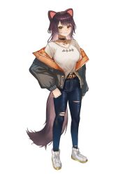  1girl :3 ange_katrina ange_katrina_(5th_costume) ange_katrina_(cosplay) animal_ears ankle_boots belt black_choker blue_pants blush boots breasts brown_belt brown_hair brown_tail choker closed_mouth collarbone commentary_request cosplay denim dog_ears dog_girl dog_tail doidamon eyelashes full_body grey_jacket heterochromia highres inui_toko jacket jeans long_hair long_sleeves looking_at_viewer medium_breasts nijisanji off_shoulder open_clothes open_jacket orange_jacket pants pendant_choker puffy_long_sleeves puffy_sleeves red_eyes shirt shirt_partially_tucked_in simple_background smile solo standing t-shirt tail tight_clothes tight_pants torn_clothes torn_jeans torn_pants two-sided_fabric two-sided_jacket virtual_youtuber white_background white_boots white_shirt yellow_eyes 