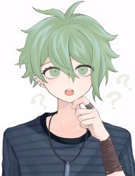  1boy ? ?? amami_rantaro antenna_hair black_shirt collarbone danganronpa_(series) danganronpa_v3:_killing_harmony ear_piercing green_eyes green_hair hair_between_eyes highres jewelry looking_at_viewer male_focus necklace open_mouth piercing ring sebon_(sebochin) shirt short_hair simple_background solo striped_clothes striped_shirt tongue upper_body white_background 