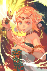  1girl bare_shoulders blonde_hair braid circlet crown_braid dress earrings hankuri holding holding_sword holding_weapon hyrule_warriors:_age_of_imprisonment jewelry looking_at_viewer pointy_ears princess_zelda short_hair solo strapless strapless_dress sword the_legend_of_zelda the_legend_of_zelda:_tears_of_the_kingdom weapon 