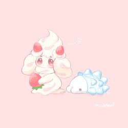  absurdres alcremie alcremie_(strawberry_sweet) blush commentary_request food fruit heart highres maaari_pkmn no_humans pink_background pink_eyes pokemon pokemon_(creature) simple_background snom strawberry 