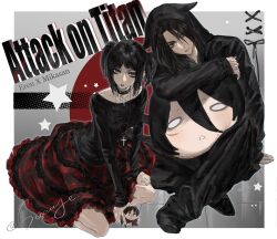  1boy 1girl animal_ear_hood black_hair black_jacket black_pants black_shirt border breasts character_doll character_name character_pillow copyright_name couple cross cross_necklace doll eren_yeager full_body grey_background hair_between_eyes hetero highres hood hood_up hooded_jacket indian_style jacket jewelry kneeling laicuihu666 long_skirt medium_breasts mikasa_ackerman multiple_necklaces necklace official_alternate_costume official_alternate_hairstyle pants parted_lips plaid_clothes plaid_skirt red_skirt scar scar_on_cheek scar_on_face shingeki_no_kyojin shirt short_twintails sitting skirt studded_choker twintails twitter_username white_border 