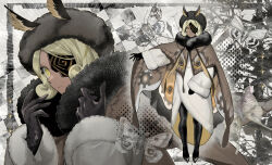  1girl @_@ alternate_costume bare_tree black_gloves black_hat black_pantyhose blonde_hair brown_capelet bug butterfly capelet closed_mouth commentary cookie_run cookie_run:_ovenbreak curly_sidelocks dark-skinned_female dark_skin dress expressionless eyepatch frown full_body fur-trimmed_capelet fur-trimmed_dress fur-trimmed_sleeves fur_hat fur_trim gloves grey_background grey_shoes halftone halftone_background hands_up hat highres hjoe8 humanization inset_border long_sleeves looking_at_viewer multiple_views no_eyebrows official_alternate_hair_length official_alternate_hairstyle outstretched_arm pantyhose parted_bangs shoes short_hair simple_background standing timekeeper_cookie timekeeper_cookie_(ruler_of_the_ephemeral_flow) tree two-sided_dress two-sided_fabric upper_body white_dress wide_sleeves yellow_eyes 